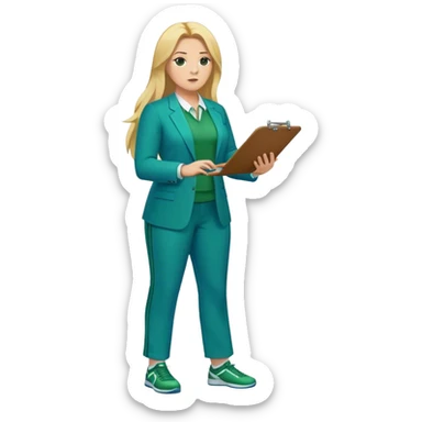 Full Body white plus size female basketball head coach using a clipboard with long blonde hair in a blue and green suit sticker
