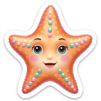 sweet starfish with plastic shine, large sparkling eyes, petite body, sweet smile, rosy cheeks, delicate textures, pastel colors with bright pops, small heart accessory, detailed shading sticker