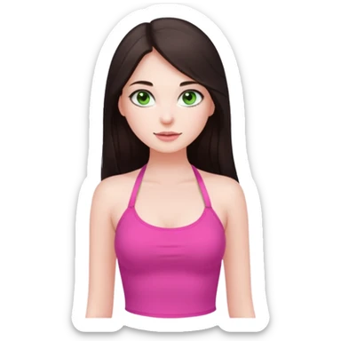 A pretty girl with white skin and very long dark brown hair and a green eyes and wears a pink tight halter tops sticker
