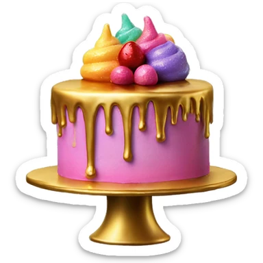 Realistic isolated colorful cake with metallic gold icing dripping from top and all down along the cake sticker