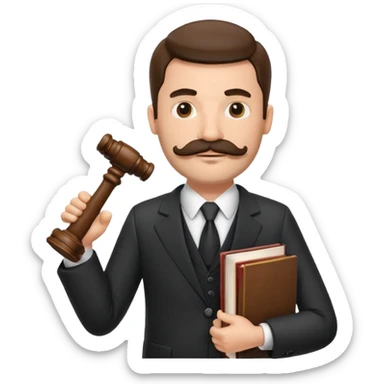 Create a male lawyer. he is wearing a fromal suit jckeret. He is holding a gavel in one hand and a book tucked under his another arm. He has a mustache and BEARD both! sticker
