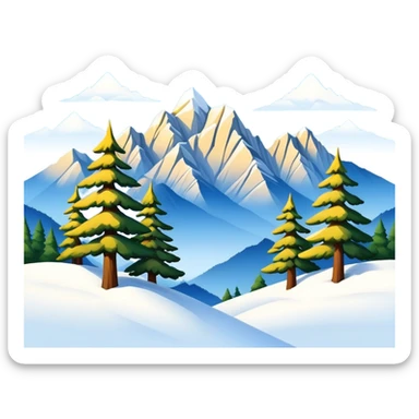 Huangshan Yellow Mountain winter snow peaks with pine trees, simplified emoji style with bold outlines and bright colors, cartoon style snowy mountains sticker