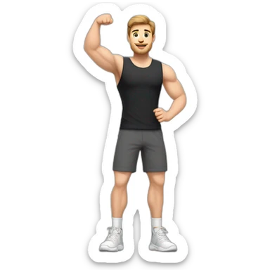 Full height Actively gesturing with hands Pale skinned Fit Man With the biceps and brown hair in dark gray Sleeveless Mike, black oversize sports shorts, watch and white Sneakers sticker