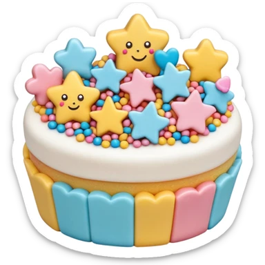 small scatter of colorful sprinkles, sugar pearls, and tiny fondant shapes (stars, hearts, flowers), glossy pastel and bright tones, textures vary smooth crunchy or soft, delicately detailed shapes, soft lighting, subtle shadows, transparent background, emoji scale sticker