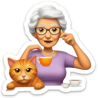 Grandma with hot tea on a couch with her orange cat  sticker