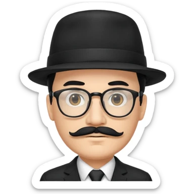 black hair dad in black suit and glasses with mustache and a hat sticker