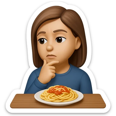 donna che guarda pensierosa un piatto di pasta, stile emoji iphone, iperrealistico 4k sticker