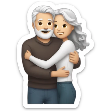 Man with gray hair and white beard hugs woman with dark brown hair with floating hearts sticker