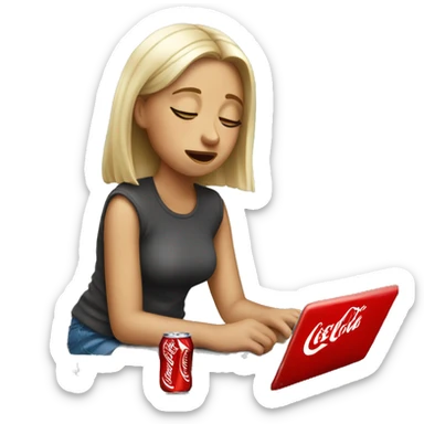 tired girl with laptop drinking coca-cola sticker