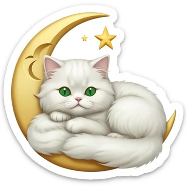 White Persian cat with green eyes sleeping on crescent moon  sticker