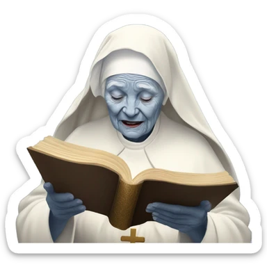 Old white nun with some wrinkles with golden blonde lots and lots of wringlets and she is reading the holy Bible scriptures with saphire blue eye colour  sticker