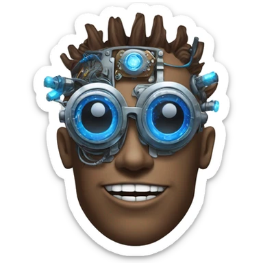 Brown cyborg head with blue Mohawk, blue beard, silver steampunk monocle goggles a smile and circuits sticker