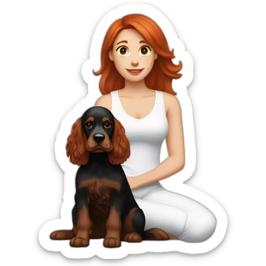 Red hair woman in white singlet sitting black and brown english cocker spaniel on her lap sticker