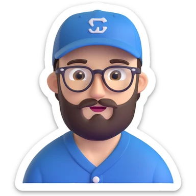adventurer with small beard, glasses and backwards baseball cap sticker