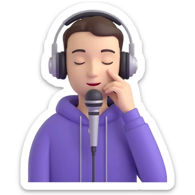 emoji style person with closed eyes, headphones, and a microphone, smooth edges, peaceful mood sticker