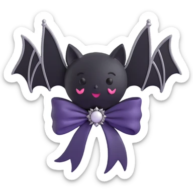 3D emoji gothic bow, white satin, silver bat brooch, black feather accents sticker