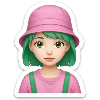 Stylish pink outfit with bucket hat, green hair sticker