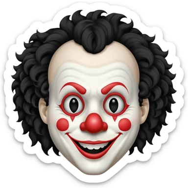 generate white clown mask emoji with a big curly black hair 

wide black coloured smile, no red nose but instead long and pointy white nose with no nostrils, pitch black eyes, no brows sticker