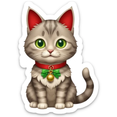 A fluffy grey tabby cat with cream highlights and green eyes, wearing a red collar with a bell, sitting upright  sticker