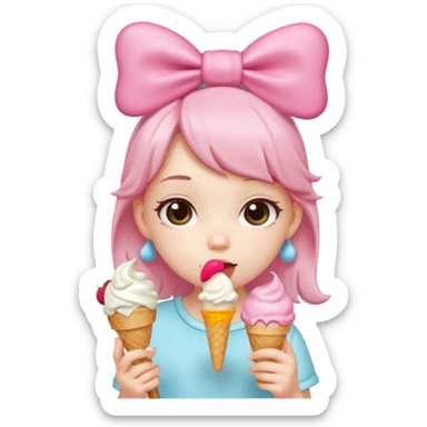 Cute chibi style girl Panda with big pink bow above ear eating and ice cream  sticker