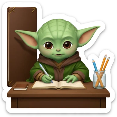 Baby Yoda con su tunica chocolate escribiendo en un cuaderno sobre un escritorio en un aula de clases sticker