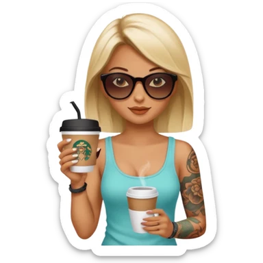 gözlük takan, dövmeli ve elinde kahve tutan, yaz kıyafetli bir kadın sticker