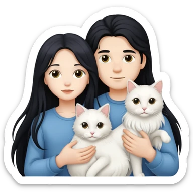 A young boy and a girl with long black hair holding a white long-haired cat sticker