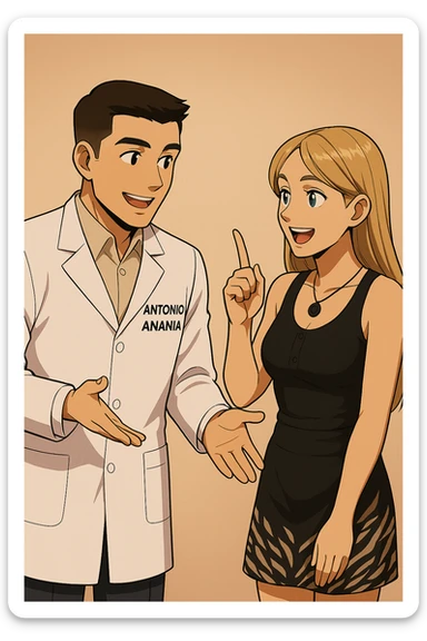 fai un webtoon/manga a colori con questo kinesiologo in camice bianco (fagli la scritta "ANTONIO ANANIA" SUL CAMICE) CHE PARLA CON QUESTA RAGAZZA CON GLI OCCHI AZZURRI. la ragazza lo guarda entusiasta con un indice alzato, IL KINESIOLOGO ha un espressione felice e la aspetta a braccia aperte. NON FARE I FUMETTI, FAI SOLO LORO COME SE DIALOGASSERO sticker