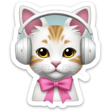 cute cat with pink bow and winter white headphones sticker