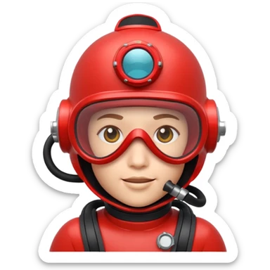 3D cartoon-style human character in the Apple emoji style, wearing a red scuba diving helmet with glass visor sticker