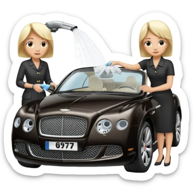 A old blond lady washing a black Bentley car. show the full car and the lady next to it. show the face smaller and the person standing beside it sticker
