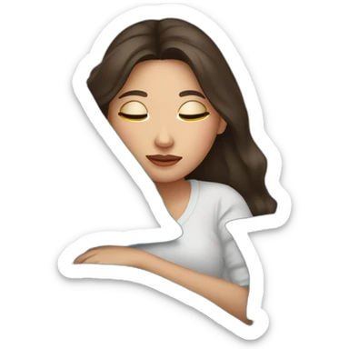 Brunette pressing her face against a light blue very soft bed pillow  sticker