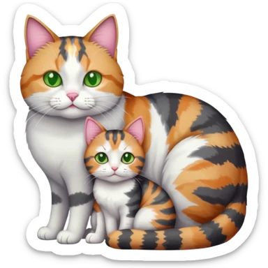full body colourful light patched calico + white tabby cat cuddling a big dark grey and white tabby cat  sticker