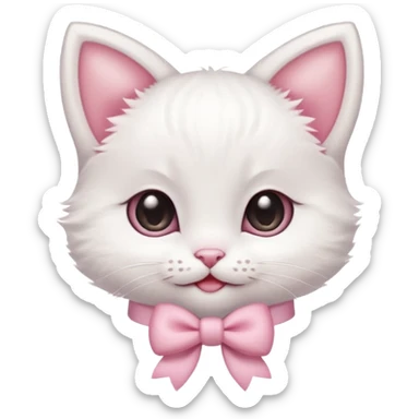 A tiny white kitten with innocent eyes, rosy pink cheeks, and an adorable smile, sporting a dainty pink bow on its head sticker