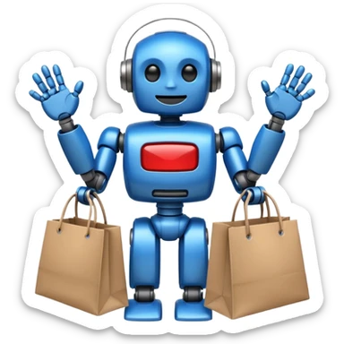 black friday robot with blue and metalic colours with bags in his hands smiling sticker