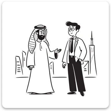 UAE sheikh in traditional clothes standing and talking with a USA businessman in a suit sticker