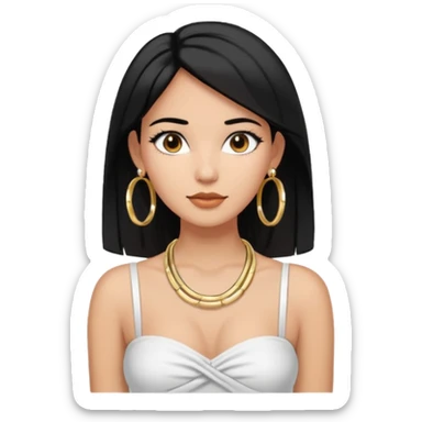 latina makeup olsun, saçları düz, halka küpeler büyük gümüş renginde olsun, kolye taksın ve beyaz bir Bandeau top kıyafet giyisin sticker