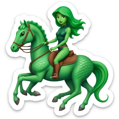 reptilian alien green woman, rides horse sticker