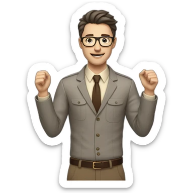 To belt Actively gesturing with hands Pale skinned fit man teacher with dark brown hair in gray jacket, beige office shirt, brown tie, brown pants and vintage glasses. sticker