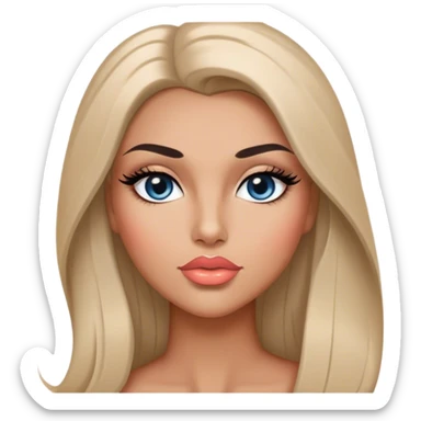 Glamours, tanned, very beautiful girl, with big pump peach-beige-rose lips, long long lashes, black straight smooth silky long hair, straight parting hair, blue-grey eyes sticker