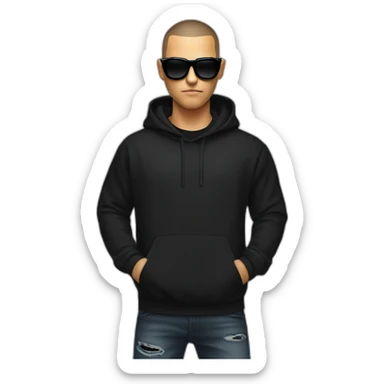 DJ Snake face serious attitude with black sunglasses front view wearing a BLACK hoodie sticker