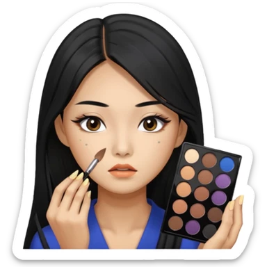 Korean woman with long hair applying eyeshadow to upper body, focused expression sticker