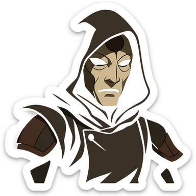 Amon from The Legend of Korra, masked and hooded, dramatic shadowy cartoon style sticker