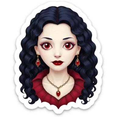old Vampire lady Pale queen with ruby necklace, curly black long hair sticker