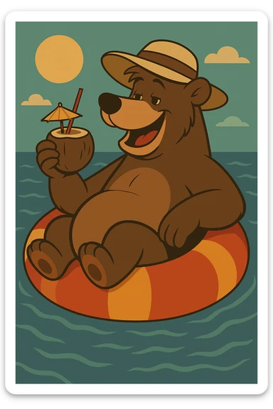Add a sunhat to Baloo the bear as he floats on an inflatable in the sea, keeping the fun vacation vibe and the vibrant flat toon cartoon style with lively colors. sticker