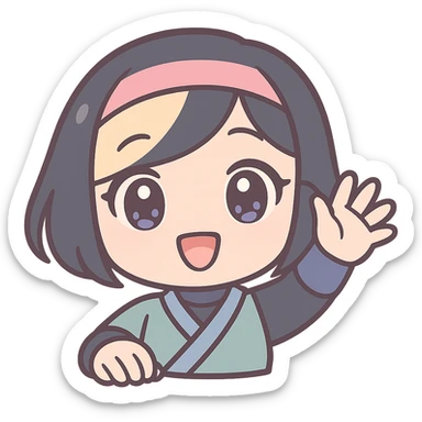 Sexy anime chibi style: kawaii chibi ninja girl with black short hair and a blonde streak, only head and arms, big sparkling anime eyes, rounder face, small mouth, soft shading, pastel colors, clean outlines, transparent background, no mask, hand fully raised, waving, smiling, subtle sexy charm, sized for Twitch emoji use. sticker