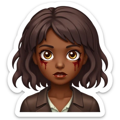 menina zumbi, cabelos castanho escuro com mechas chocolate, olhos castanhos escuro, cabelo ondulado nas pontas, e franjão  sticker