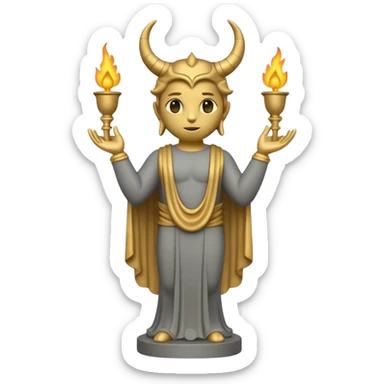 Minimalist emoji-style sticker of a full-body Oscar-like statue in matte gray-gold, with small horns  and faint flames at the base, all in black and muted hues sticker