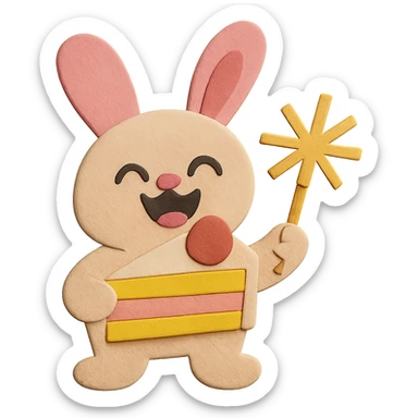 Keep the design the same, but add the pink color to the bunny's other ear so both ears match. Maintain the paper-craft style, cake slice, and sparkler. sticker