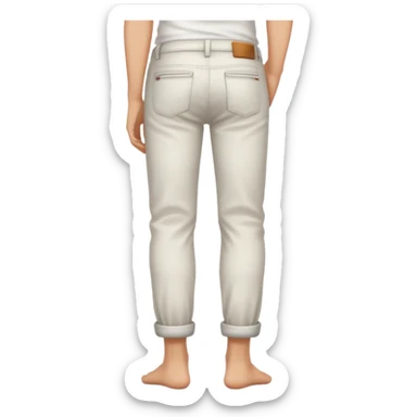 Barefoot in rolled up pants and white top right hand in back pocket from the back sticker